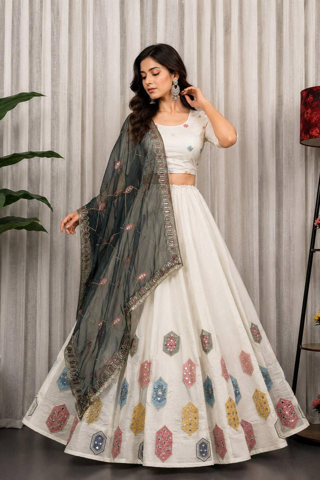 White Embroidered Silk Lehenga (SWC-5061-White)