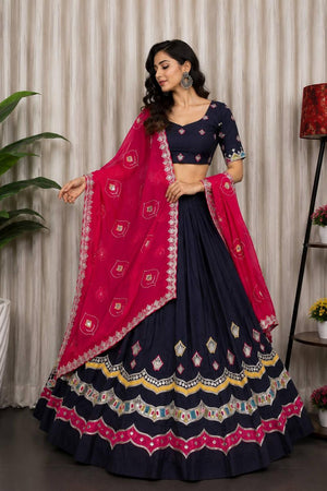 Navy Blue Mirror work with Embroidered Silk Lehenga (SWC-5062)