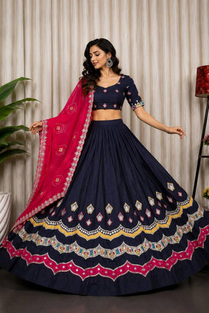 Navy Blue Mirror work with Embroidered Silk Lehenga (SWC-5062)