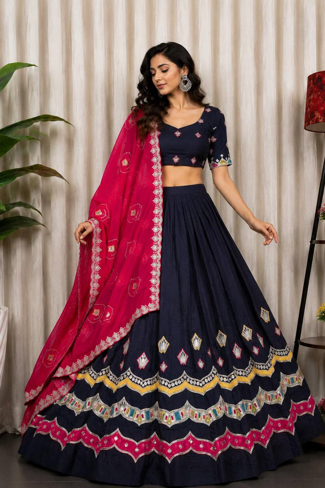 Navy Blue Mirror work with Embroidered Silk Lehenga (SWC-5062)