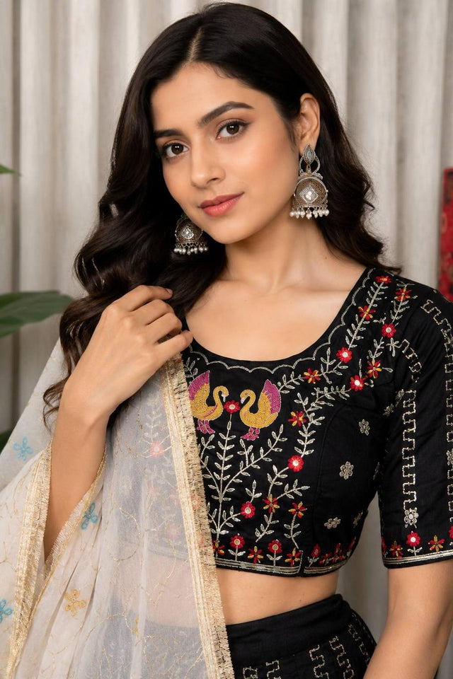 Black Embroidered Silk Lehenga (SWC-5063-Black)