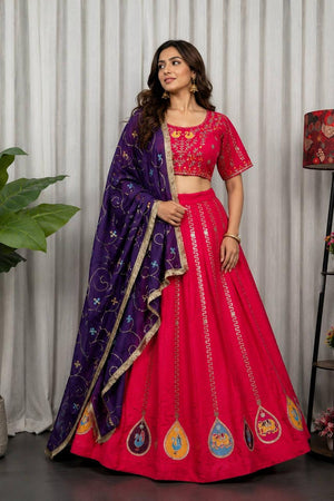 Dark Pink Embroidered Silk Lehenga (SWC-5063-Rani)