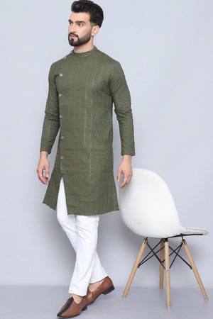 Men's Green Cotton Solid Long Kurta (SWC-DBY1259-GRC)