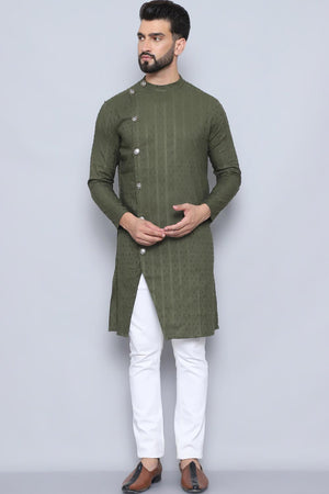 Men's Green Cotton Solid Long Kurta (SWC-DBY1259-GRC)