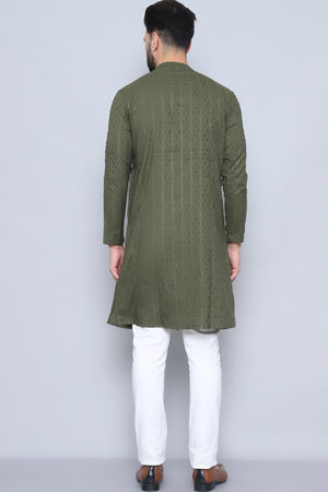 Men's Green Cotton Solid Long Kurta (SWC-DBY1259-GRC)