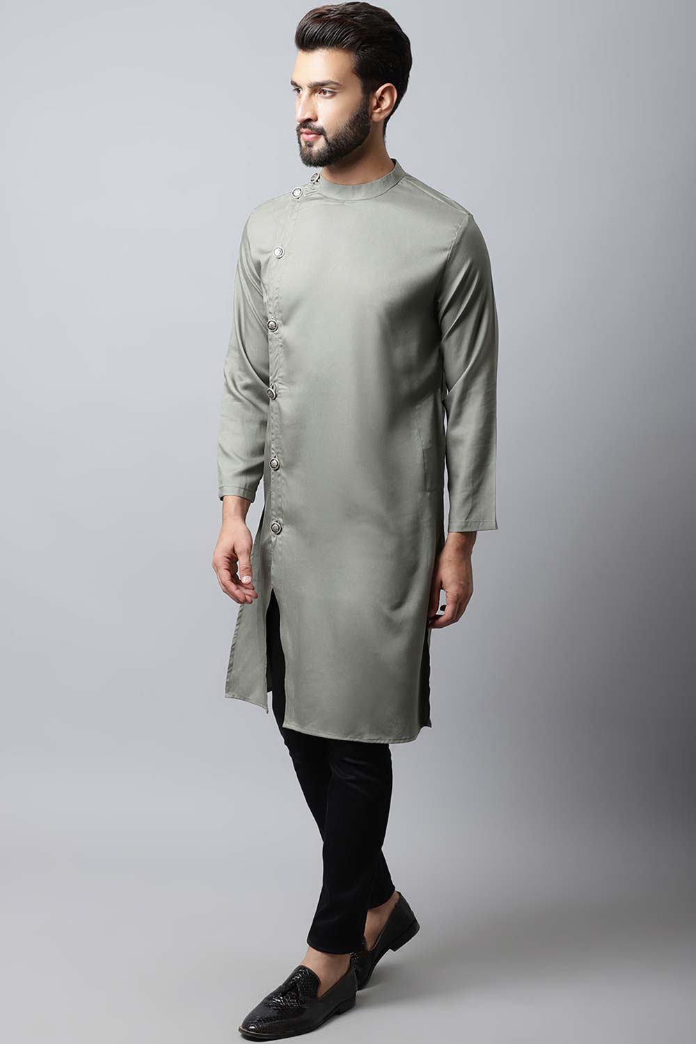 Men's Light Green Solid Full Sleeve Long Kurta Top