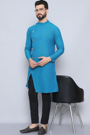 Men's Blue Cotton Solid Long Kurta (SWC-SLD1267-BLC)