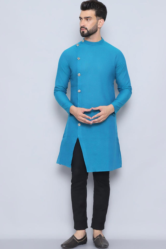 Men's Blue Cotton Solid Long Kurta (SWC-SLD1267-BLC)