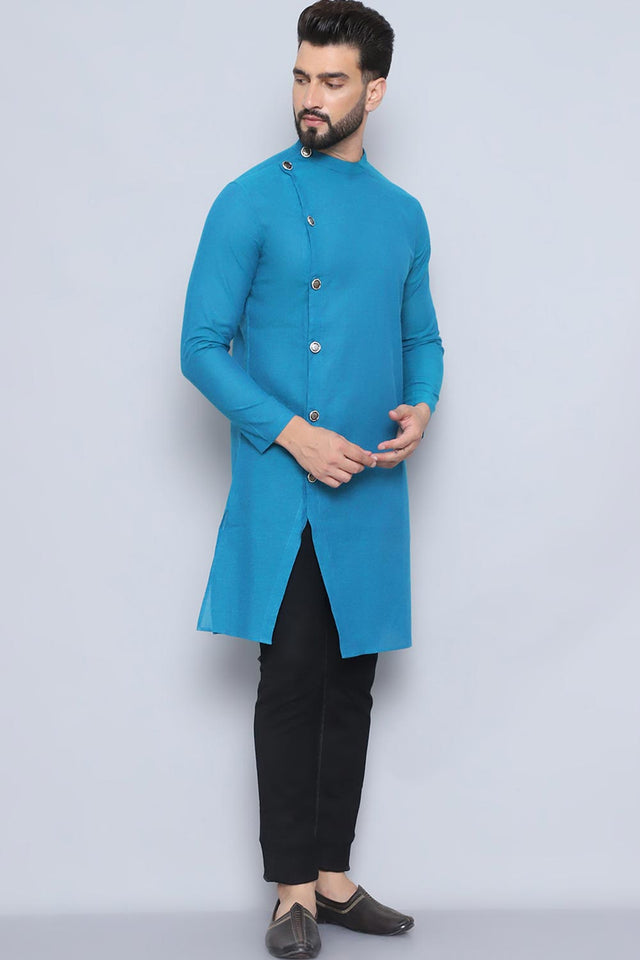Men's Blue Cotton Solid Long Kurta (SWC-SLD1267-BLC)