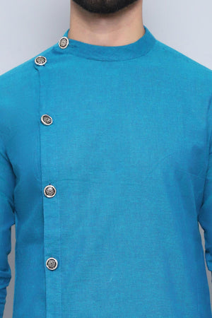 Men's Blue Cotton Solid Long Kurta (SWC-SLD1267-BLC)