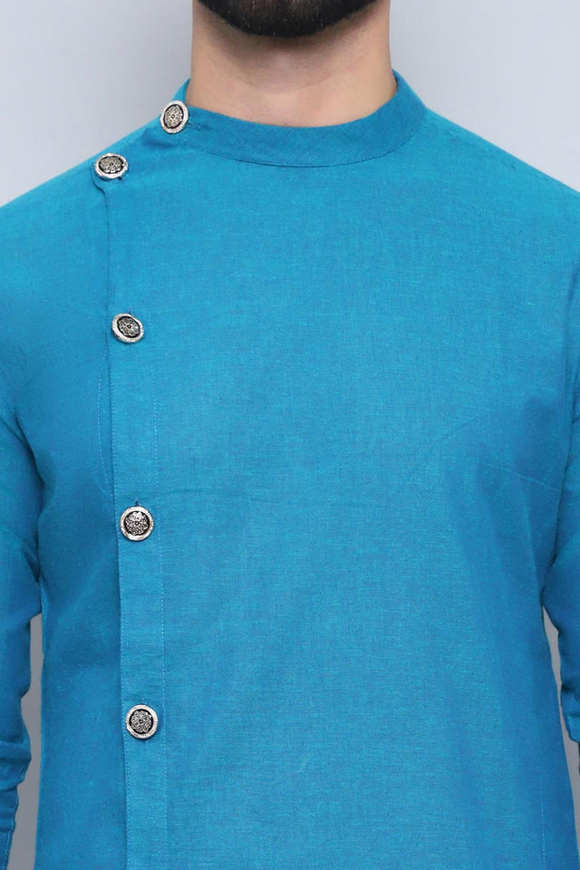 Men's Blue Cotton Solid Long Kurta (SWC-SLD1267-BLC)