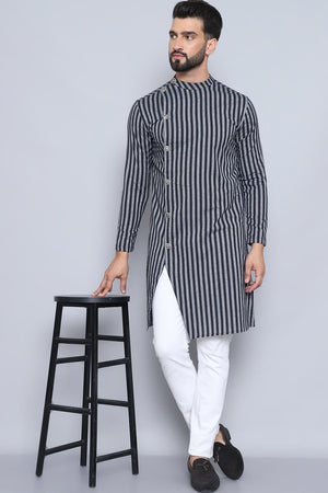 Men's Black Cotton Striped Long Kurta (SWC-STR013-BKC)