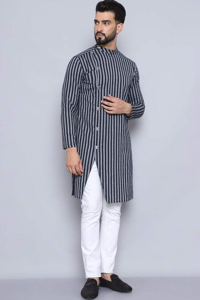 Men's Black Cotton Striped Long Kurta (SWC-STR013-BKC)