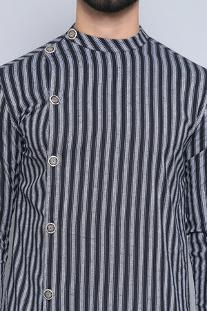 Men's Black Cotton Striped Long Kurta (SWC-STR013-BKC)