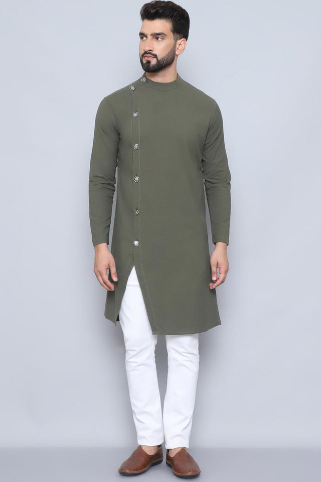 Men's Green Cotton Solid Long Kurta