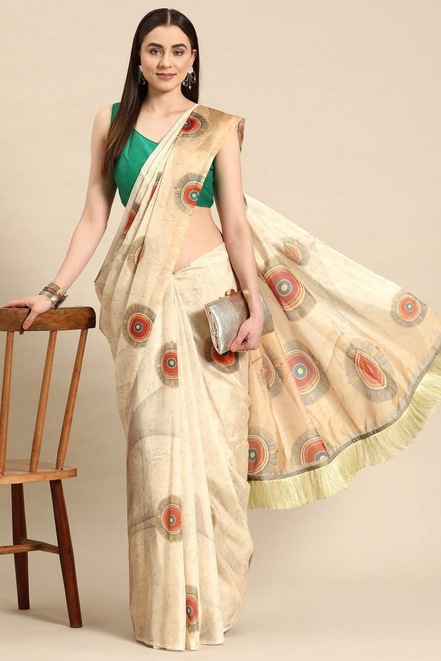 Beige Geometric Printed Silk Saree