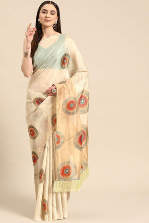 Beige Geometric Printed Silk Saree