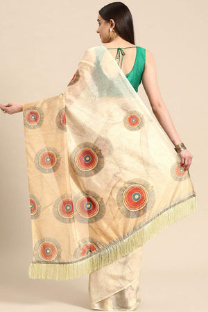 Beige Geometric Printed Silk Saree