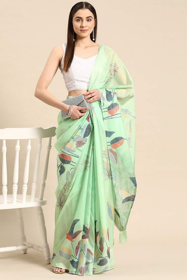 Green Floral Printed Silk Saree