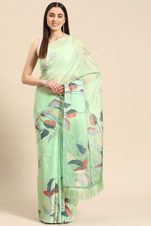 Green Floral Printed Silk Saree