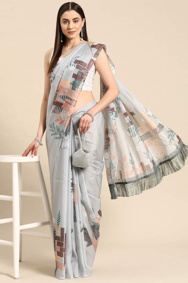 Grey Floral Printed Silk Saree