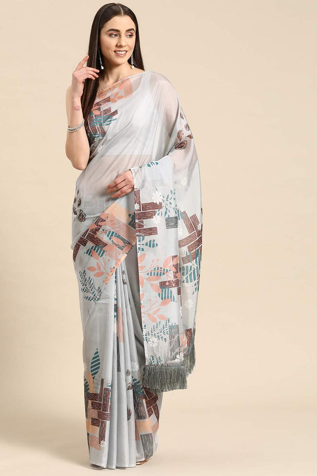 Grey Floral Printed Silk Saree