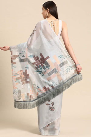 Grey Floral Printed Silk Saree