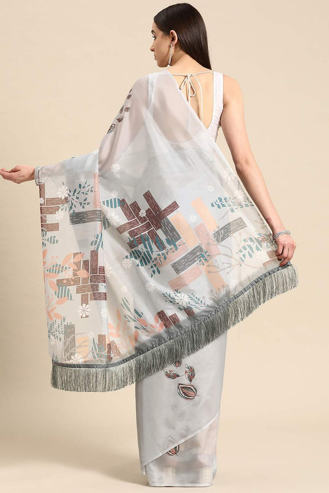 Grey Floral Printed Silk Saree