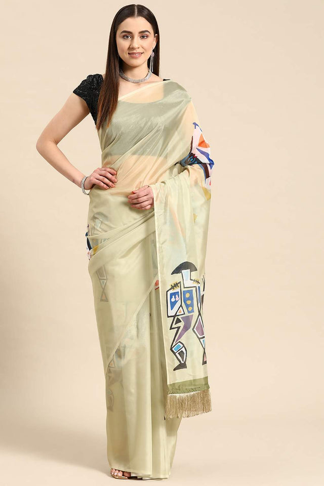 Olive Green Warli Printed Silk Saree