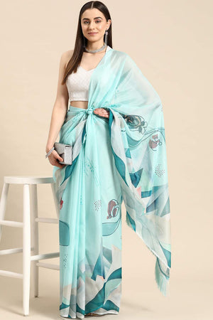 Turquoise Abstract Printed Silk Saree