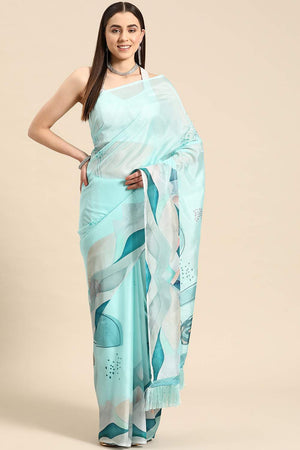 Turquoise Abstract Printed Silk Saree