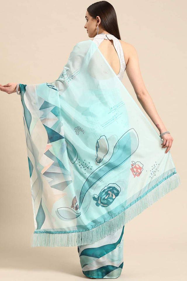 Turquoise Abstract Printed Silk Saree