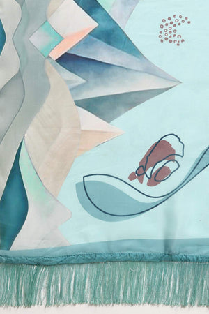 Turquoise Abstract Printed Silk Saree