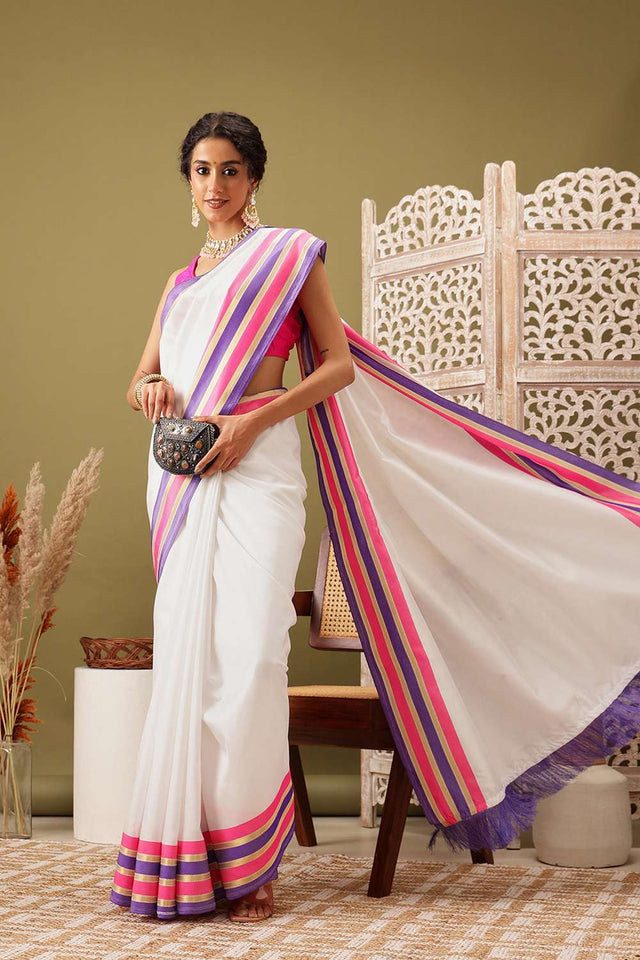 White Solid Soft Silk Saree