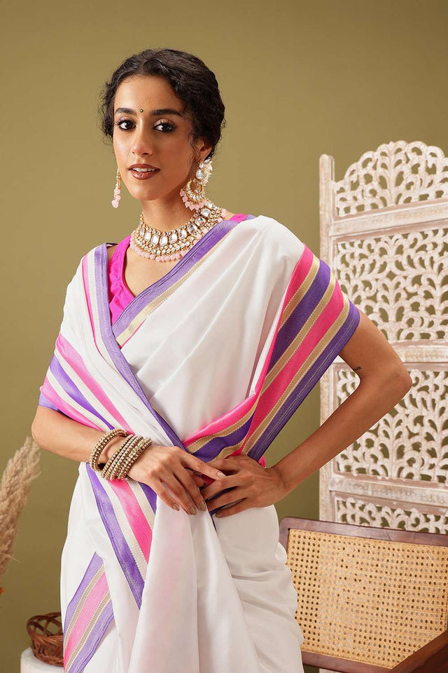 White Solid Soft Silk Saree