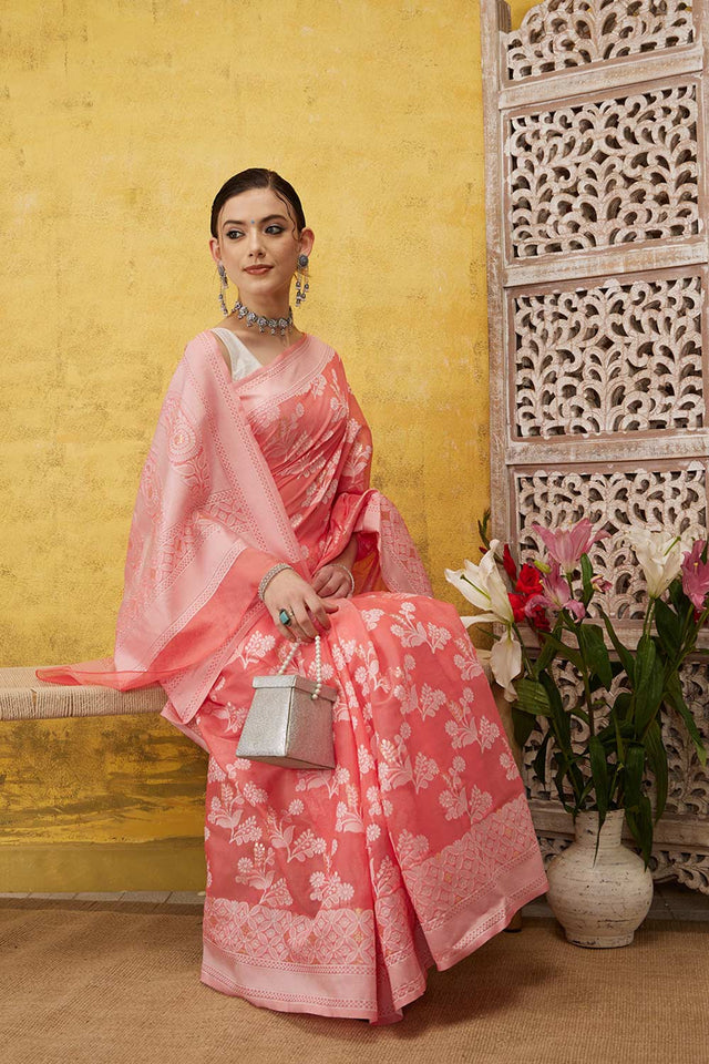 Peach Cotton Floral Saree
