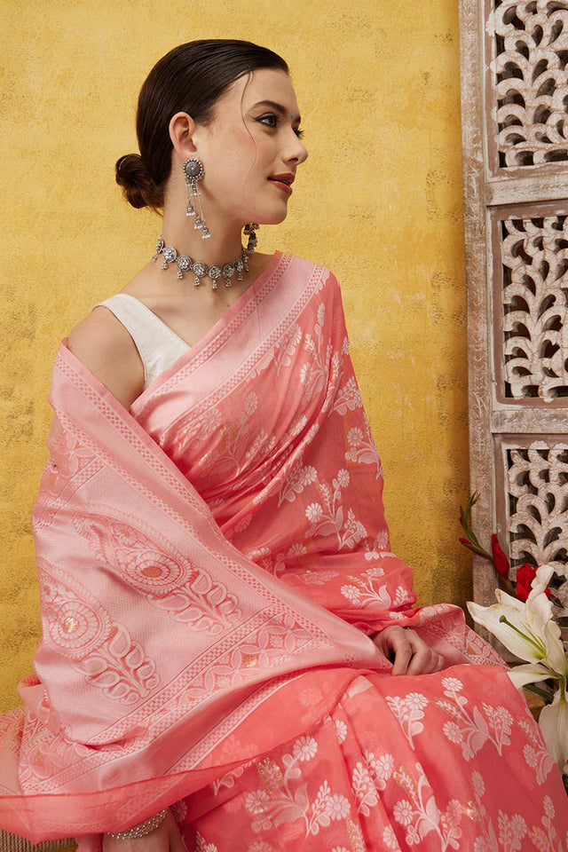 Peach Cotton Floral Saree