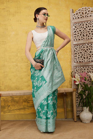 Teal Cotton Floral Saree