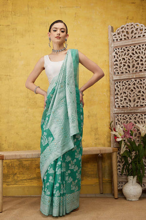 Teal Cotton Floral Saree