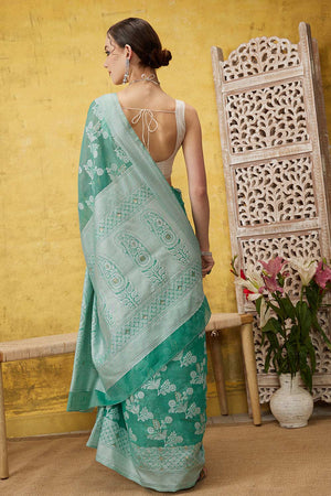 Teal Cotton Floral Saree