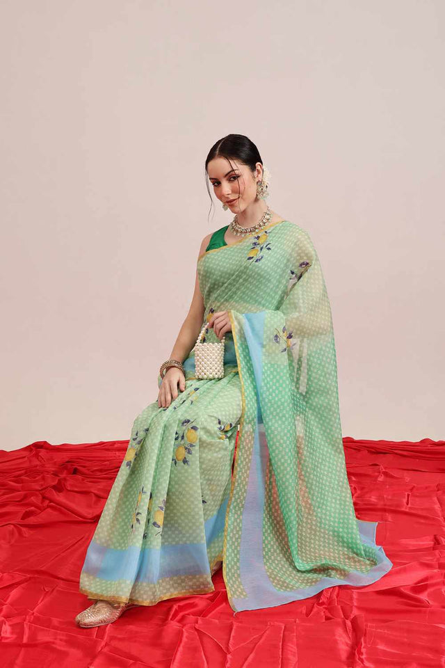 Olive Chanderi Printed Cotton  Saree