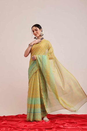 Yellow Chanderi Printed Cotton  Saree