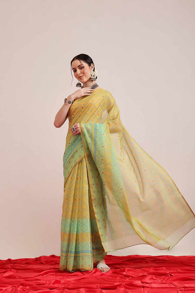 Yellow Chanderi Printed Cotton  Saree