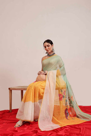 Blue Chanderi Printed Cotton  Saree