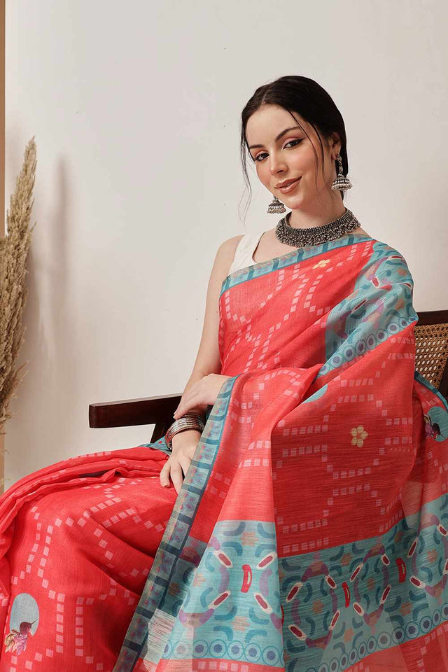 Red Chanderi Printed Cotton  Saree