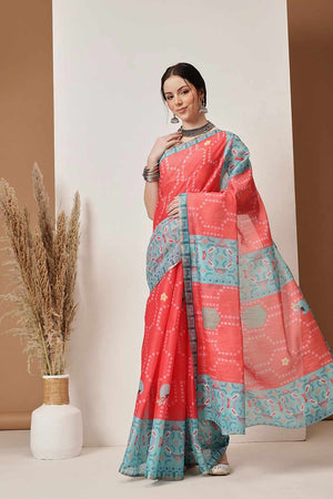 Red Chanderi Printed Cotton  Saree