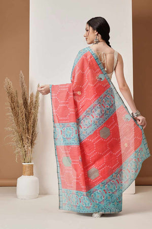 Red Chanderi Printed Cotton  Saree