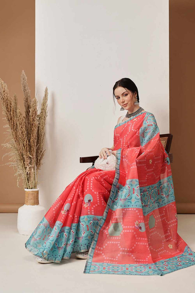 Red Chanderi Printed Cotton  Saree