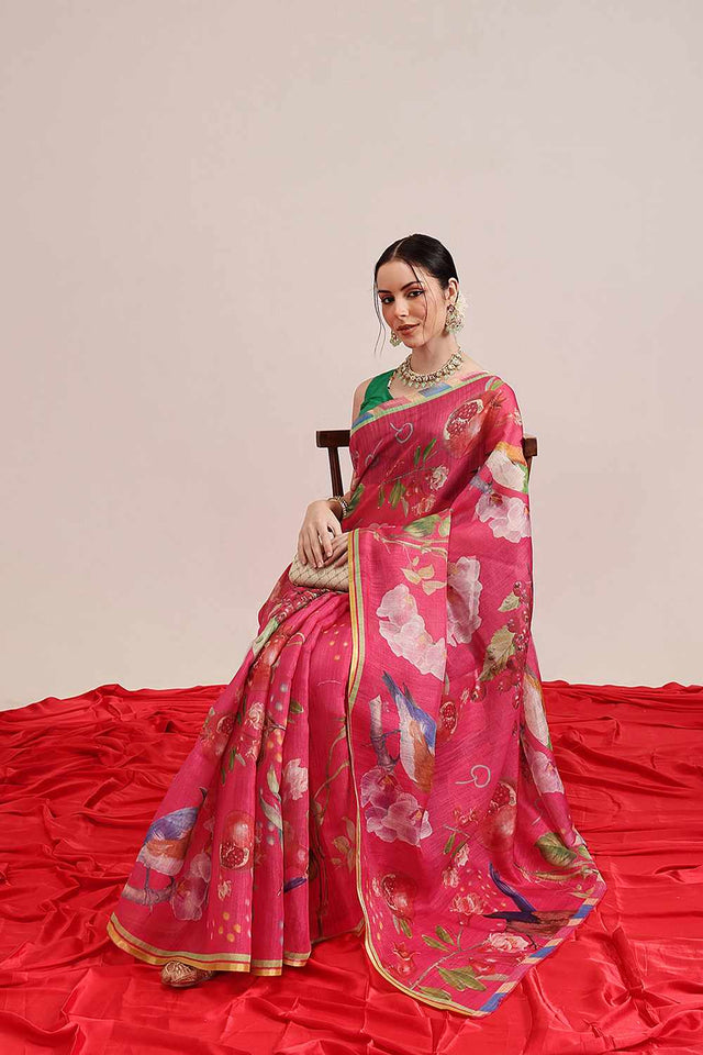 Olive Chanderi Geomatric Printed Cotton  Saree