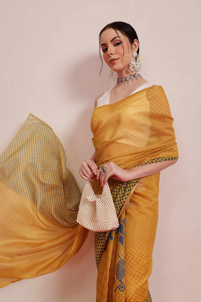 Yellow Chanderi Printed Cotton  Saree